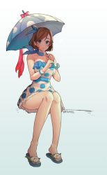 Rule 34 | 1girl, ascot, bare shoulders, blue ascot, blue eyes, blush, breasts, brown hair, cleavage, dress, frilled dress, frills, h cheomji, highres, invisible chair, looking at viewer, medium breasts, original, parted lips, polka dot, polka dot dress, polka dot umbrella, sash, short dress, short hair, simple background, sitting, slippers, solo, strapless, strapless dress, umbrella
