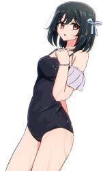 Rule 34 | 1girl, black hair, black one-piece swimsuit, blue ribbon, breasts, hair ribbon, hichi (asa makudo), looking at viewer, love live!, love live! nijigasaki high school idol club, medium breasts, mifune shioriko, one-piece swimsuit, open mouth, red eyes, ribbon, short hair, solo, standing, swimsuit, upper body, wet, wet clothes, wet hair, white background