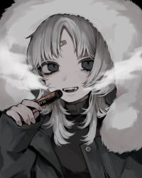 1girl ad bandaid bandaid_on_face black_eyes electronic_cigarette grey_hair hand_up highres holding hood hood_up long_sleeves looking_at_viewer manuka_x_x open_mouth slash_vape sleeves_past_wrists smile smoke smoking solo