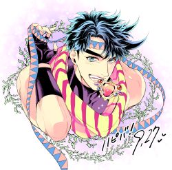 Rule 34 | 1boy, aqua eyes, battle tendency, birthday, black gloves, black hair, commentary request, covered collarbone, cropped shoulders, dated, fingerless gloves, gloves, happy birthday, headband, jojo no kimyou na bouken, joseph joestar, joseph joestar (young), leaf, looking at viewer, male focus, mouth hold, red stone of aja, s gentian, scarf, short hair, sleeveless, solo, sparkle, striped clothes, striped scarf, teeth hold, triangle print, yellow scarf