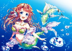 Rule 34 | 1girl, blue eyes, breasts, bubble, fins, fish, head fins, long hair, medium breasts, mermaid, monster girl, orange hair, original, smile, solo, underwater, yukiuta sahiro