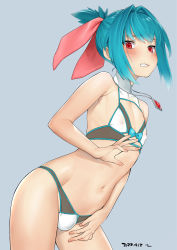 Rule 34 | 1boy, armpit crease, bikini, blue background, blue bow, blue hair, blush, bow, bowtie, bulge, clenched teeth, commentary request, covered erect nipples, cowboy shot, crossdressing, dated, embarrassed, grimace, groin, hair bow, hair intakes, indie virtual youtuber, jewelry, leaning forward, looking at viewer, male focus, navel, necklace, pendant, red bow, red eyes, see-through, short hair, sidelocks, simple background, solo, standing, sumisaki dia, swimsuit, tawapo, teeth, thighs, traditional bowtie, trap, virtual youtuber