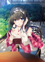 Rule 34 | 10s, 1girl, black hair, blue eyes, blue skirt, blush, book, breasts, brick floor, bush, chair, cleavage, hairband, hand in own hair, holding, holding book, idolmaster, idolmaster cinderella girls, jewelry, large breasts, long hair, long sleeves, necklace, off-shoulder, off-shoulder sweater, open book, outdoors, parted lips, pendant, ribbed sweater, sagisawa fumika, shade, shawl, sitting, skirt, solo, sweater, table, yabudatami