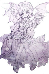 Rule 34 | 1girl, :x, bad id, bad pixiv id, bat wings, character doll, embellished costume, female focus, flandre scarlet, frills, garter straps, graphite (medium), looking at viewer, mauve, monochrome, pigeon-toed, remilia scarlet, simple background, smile, solo, touhou, traditional media, wings