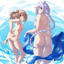 Rule 34 | 2girls, arthur ko, ass, beast, blue eyes, blue sarong, braid, breasts, commentary request, commission, cowboy shot, double bun, feet out of frame, from behind, hair bun, hair flaps, halterneck, holding, kantai collection, light brown hair, long hair, looking at viewer, looking back, medium breasts, michishio (kancolle), mole, mole under eye, multiple girls, nipples, nude, open mouth, parted bangs, pixiv commission, sarong, short hair, short twintails, silver hair, single braid, small breasts, standing, twintails, umikaze (kancolle), very long hair, water