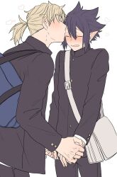 Rule 34 | 2boys, amajiki tamaki, bag, black hair, blonde hair, blush, boku no hero academia, closed eyes, facing another, hair between eyes, heart, holding hands, kiss, kissing forehead, male focus, multiple boys, open mouth, pointy ears, school bag, school uniform, short hair, short ponytail, shoulder bag, shy, sketch, spiked hair, standing, tama4664amat, togata mirio, wavy mouth, white background, yaoi