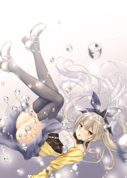 Rule 34 | 1girl, ass, black ribbon, black thighhighs, detached sleeves, hair ribbon, highres, long hair, looking at viewer, multicolored hair, open mouth, original, ribbon, rupe paperu, silver hair, solo, thighhighs, two-tone hair, yellow eyes