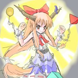 Rule 34 | 1girl, ball, bare shoulders, blue skirt, bow, bowtie, brown eyes, chain, clenched hands, cuffs, female focus, hair bow, horns, ibuki suika, long hair, looking at viewer, low-tied long hair, oni, red bow, red bowtie, serious, shackles, shirt, skirt, solo, standing, touhou, white shirt, wrist cuffs