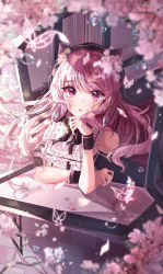 Rule 34 | 1girl, absurdres, animal ears, bad id, bad pixiv id, bare shoulders, blurry, blurry background, blurry foreground, blush, branch, bug, butterfly, cat ears, cherry blossoms, commentary, depth of field, flower, frills, from outside, hands up, highres, huge filesize, insect, long hair, looking at viewer, original, parted lips, petals, pink flower, pink hair, sleeveless, solo, spring (season), very long hair, water, wine (2148 wine), wrist cuffs