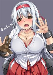 Rule 34 | 10s, 1girl, against glass, blush, breast press, breasts, breasts on glass, brown eyes, cleavage, gloves, hairband, japanese clothes, kantai collection, large breasts, long hair, looking at viewer, open mouth, partially fingerless gloves, partly fingerless gloves, satou samu, shoukaku (kancolle), silver hair, single glove, skirt, solo, twitter username, yugake