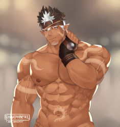 Rule 34 | 1boy, abs, absurdres, alternate eye color, arm tattoo, artist name, bara, bare pectorals, brown hair, dark-skinned male, dark skin, facial hair, fingerless gloves, gloves, goatee, hand on own neck, headband, highres, large pectorals, long sideburns, male focus, manly, muscular, navel, nipples, pectorals, pointy ears, short hair, sideburns, solo, spiked hair, stomach tattoo, tangaroa (housamo), tattoo, tokyo houkago summoners, upper body, veins, white hair, zagghov