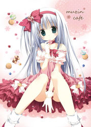Rule 34 | 1girl, bare shoulders, blue eyes, checkerboard cookie, choker, collarbone, cookie, covering privates, covering crotch, female focus, food, frills, gloves, hairband, holding, holding food, korie riko, long hair, looking at viewer, macaron, open \m/, original, ribbon choker, silver hair, sitting, solo, white gloves