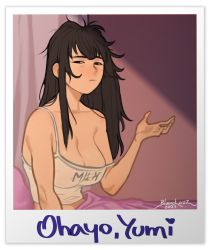 Rule 34 | 1girl, absurdres, black eyes, black hair, blanclauz, breasts, character name, cleavage, clothes writing, collarbone, commentary, english commentary, english text, half-closed eyes, highres, large breasts, long hair, looking at viewer, messy hair, no bra, on bed, original, polaroid, sleepy, solo, spaghetti strap, strap slip, tank top, under covers