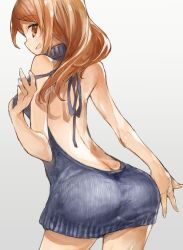 Rule 34 | 10s, 1girl, ass, backless dress, backless outfit, bad id, bad pixiv id, bare back, bare shoulders, brown eyes, brown hair, butt crack, cowboy shot, cusui, drawstring, dress, from behind, gradient background, grey background, halterneck, hand up, hojo karen, holding, idolmaster, idolmaster cinderella girls, long hair, looking at viewer, looking back, meme attire, naked sweater, open mouth, ribbed sweater, smile, solo, sweater, sweater dress, thighs, turtleneck, turtleneck sweater, virgin killer sweater