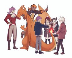 Rule 34 | 2girls, 4boys, :d, :t, alternate costume, bede (pokemon), black footwear, blush, boots, brown eyes, brown footwear, brown hair, buttons, charizard, chatea, closed eyes, closed mouth, coat, commentary request, creatures (company), earmuffs, fire, flame-tipped tail, game freak, gen 1 pokemon, gloria (pokemon), grey pants, hand on own hip, highres, holding, holding stick, hop (pokemon), korean commentary, leon (pokemon), long sleeves, marnie (pokemon), multiple boys, multiple girls, nintendo, open mouth, pants, pokemon, pokemon (creature), pokemon swsh, raihan (pokemon), scarf, shoes, smile, socks, sparkle, standing, stick, tailcoat, teeth, upper teeth only, white background