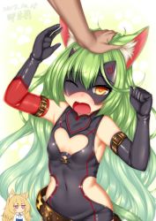 Rule 34 | 1boy, 2girls, ;o, animal ears, armpits, artist name, asymmetrical gloves, black gloves, breasts, character request, chibi, chibi inset, cleavage cutout, clothing cutout, commentary request, covered navel, dated, elbow gloves, embarrassed, fox ears, fox tail, gloves, green hair, hair between eyes, headpat, heart cutout, highres, jitome, kayou (sennen sensou aigis), kitsune, kyuubi, leotard, long hair, minaha (playjoe2005), multiple girls, multiple tails, one eye closed, orange eyes, paw print, paw print background, sennen sensou aigis, side cutout, skin tight, small breasts, solo focus, tail, thick eyebrows, uneven gloves, very long hair, wavy hair