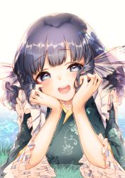 Rule 34 | 1girl, blue eyes, blue hair, breast rest, breasts, day, drill hair, elbow rest, eyelashes, fins, floral print, frilled sleeves, frills, grass, green kimono, head fins, head in hand, head rest, head tilt, highres, japanese clothes, kimono, lake, looking at viewer, mermaid, mokokiyo (asaddr), monster girl, open mouth, outdoors, sleeves past elbows, solo, teeth, touhou, upper body, upper teeth only, wakasagihime