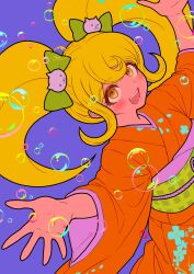 Rule 34 | 1girl, :d, blonde hair, blush, bow, bubble, cat hair ornament, danganronpa (series), danganronpa 2: goodbye despair, floral print, green bow, hair bow, hair ornament, highres, japanese clothes, kimono, obi, open mouth, orange eyes, orange kimono, pink background, saionji hiyoko, sash, sidelocks, smile, solo, teeth, twintails, youko-shima