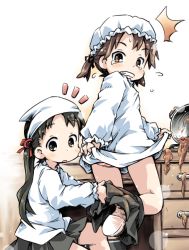 Rule 34 | 10s, 2girls, ^^^, apron, ayanami (kancolle), black eyes, black hair, brown eyes, brown hair, clothes lift, dirty, dirty clothes, hair ribbon, ham (points), hat, head scarf, kantai collection, kappougi, kitchen, long sleeves, looking at viewer, looking back, mob cap, multiple girls, open mouth, panties, pantyshot, ponytail, pot, ribbon, shikinami (kancolle), shirt, shirt lift, skirt, spilling, standing, striped clothes, striped panties, surprised, tears, underwear, undressing
