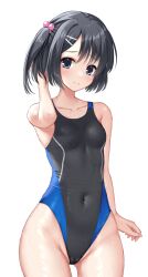 Rule 34 | 1girl, absurdres, black hair, black one-piece swimsuit, blue eyes, breasts, commentary request, competition swimsuit, covered navel, cowboy shot, dracu-riot!, groin, hair bobbles, hair ornament, hairclip, highleg, highleg swimsuit, highres, mera azusa, ncontrail (mgax7527), one-piece swimsuit, one side up, short hair, simple background, small breasts, swimsuit, two-tone swimsuit
