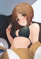 Rule 34 | 1girl, absurdres, arm at side, bare shoulders, black bra, blush, bra, breasts, brown eyes, brown hair, cleavage, costume, fanning face, girls und panzer, highres, hot, indoors, kakimoto nao, large breasts, navel, nishizumi miho, open mouth, room, short hair, sidelocks, stomach, sweat, underwear, undressing