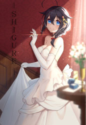 Rule 34 | 1girl, absurdres, ahoge, blue eyes, blurry, blurry foreground, bow, braid, breasts, brown hair, character name, cleavage, closed mouth, dress, elbow gloves, gloves, hair between eyes, hair bow, hair ornament, hair over shoulder, hairpin, highres, hongye feixue, indoors, jewelry, kantai collection, layered dress, long dress, long hair, looking at viewer, medium breasts, red bow, ring, shigure (kancolle), single braid, skirt hold, sleeveless, sleeveless dress, smile, solo, standing, strapless, strapless dress, wedding dress, wedding ring, white dress, white gloves