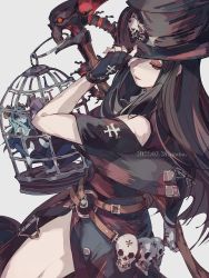 Rule 34 | 1boy, 2girls, androgynous, artist name, bare shoulders, belt, black hair, black headwear, cage, dated, demon girl, demon horns, demon wings, fingerless gloves, gloves, guilty gear, guilty gear strive, hat, hat over one eye, highres, holding, holding weapon, horns, lemming no suana, long hair, looking at viewer, multiple girls, parted lips, red eyes, scythe, simple background, skirt, skull, smile, succubus familiar, testament (guilty gear), thighs, top hat, trap, weapon, wings