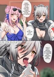 Rule 34 | 2girls, ;d, arknights, bare shoulders, bead choker, blurry, blurry background, bottle, breasts, camisole, ceylon (arknights), ceylon (holiday) (arknights), cleavage, commentary, double bun, english commentary, english text, eyewear on head, grey hair, grey scarf, hair bun, halterneck, highres, holding, holding bottle, jacket, licking, long hair, looking at viewer, medium breasts, multiple girls, off shoulder, official alternate costume, one eye closed, open clothes, open jacket, open mouth, pink hair, scarf, schwarz (arknights), smile, spaghetti strap, speech bubble, sunglasses, symmetricturd, tongue, tongue out, upper body, white jacket, yellow eyes