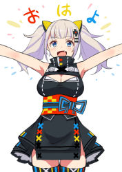 Rule 34 | 1girl, :d, arms up, bare shoulders, black dress, blue eyes, blush, breasts, cleavage, cleavage cutout, clothing cutout, dress, fang, hair ornament, hairclip, kaguya luna, large breasts, looking at viewer, medium hair, obi, open mouth, outstretched arms, saiste, sash, sidelocks, silver hair, simple background, sleeveless, sleeveless dress, smile, solo, the moon studio, thighhighs, translation request, twintails, virtual youtuber, white background