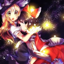 Rule 34 | 2girls, :o, black background, blonde hair, bow, braid, brown eyes, brown hair, detached sleeves, gradient background, hair bow, hair ribbon, hakurei reimu, hand up, hat, head on chest, holding another&#039;s arm, hug, kirisame marisa, light frown, light particles, long hair, looking at viewer, looking away, multiple girls, open hand, puffy short sleeves, puffy sleeves, rapisu (rapisu358), ribbon, short hair, short sleeves, single braid, skirt, skirt set, star (symbol), touhou, tress ribbon, witch hat, yellow eyes