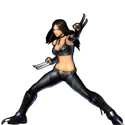 Rule 34 | 10s, 1girl, belt, black hair, boots, capcom, claws, female focus, fighting stance, full body, green eyes, marvel, marvel vs. capcom, marvel vs. capcom 3, midriff, solo, spikes, transparent background, white background, x-23, x-men