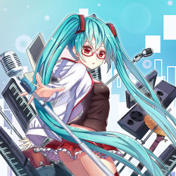 Rule 34 | 1girl, alternate eye color, aqua hair, bad id, bad pixiv id, breasts, chestnut mouth, chunrijun (springer), commentary request, cowboy shot, drum, earrings, frilled skirt, frills, from side, glasses, guangfu bao tong meng0-0, hair ornament, hatsune miku, hood, hoodie, instrument, jewelry, keyboard (instrument), long hair, looking at viewer, microphone, microphone stand, miniskirt, plaid, plaid skirt, red-framed eyewear, red eyes, red skirt, red thighhighs, skirt, small breasts, solo, speaker, tank top, thighhighs, twintails, very long hair, vocaloid