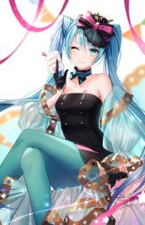 Rule 34 | 1girl, ;), aqua pantyhose, arm support, black gloves, blue eyes, blue hair, blue pantyhose, blue sleeves, blurry, blurry foreground, bow, breasts, card, crossed legs, detached sleeves, gloves, green pantyhose, hair bow, half gloves, hatsune miku, highres, holding, holding card, kiwi (pixiv6429539), long hair, long sleeves, looking at viewer, medium breasts, one eye closed, pantyhose, see-through, see-through sleeves, sitting, smile, solo, strapless, striped, striped bow, twintails, very long hair, vocaloid