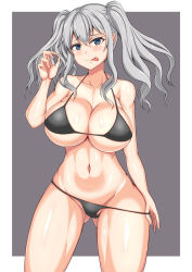 Rule 34 | 1girl, arm at side, bare shoulders, bikini, bikini pull, black bikini, blush, breasts, cleavage, closed mouth, clothes pull, collarbone, curvy, gluteal fold, grey background, groin, hair between eyes, hand up, highres, kantai collection, kashima (kancolle), large breasts, legs apart, looking at viewer, medium hair, naughty face, partially visible vulva, pechita, pulled by self, raised eyebrows, shiny skin, sidelocks, silver hair, solo, standing, swimsuit, thighs, toned, tongue, tongue out, twintails, two-tone background, underboob, white background, wide hips