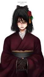 Rule 34 | 1girl, 2021, black bow, black hair, black sash, bow, brown gloves, closed mouth, dated, flower, gloves, grey eyes, hair between eyes, hair bow, hair flower, hair ornament, happy new year, highres, hoshi san 3, japanese clothes, kimono, lace, lace gloves, long sleeves, looking at viewer, medium hair, mole, mole above mouth, mole under eye, mole under mouth, new year, obi, original, red flower, red kimono, sash, simple background, solo, tassel, upper body, white background