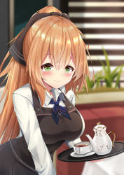 Rule 34 | 1girl, absurdres, apron, aratake, blurry, blurry background, blush, breasts, brown apron, closed mouth, cup, girls&#039; frontline, green eyes, hair ribbon, highres, holding, holding tray, lips, long hair, long sleeves, looking at viewer, medium breasts, official alternate costume, orange hair, ponytail, ribbon, shirt, smile, solo, springfield (girls&#039; frontline), standing, teacup, teapot, tray, upper body, white shirt