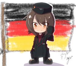 Rule 34 | 1girl, :3, aged down, alternate emblem, artist name, black hat, black jacket, blush stickers, brown eyes, brown hair, child, closed mouth, commentary, crayon, dated, dress shirt, eyes visible through hair, faux traditional media, flag background, full body, garrison cap, german flag, girls und panzer, hat, highres, jacket, jinguu (4839ms), kuromorimine military uniform, long sleeves, looking at viewer, military, military hat, military uniform, nishizumi maho, red shirt, red skirt, shirt, short hair, signature, skirt, smile, solo, standing, uniform, waving