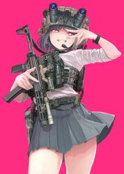 1girl absurdres belt black_hair bright_pupils bulletproof_vest combat_helmet commentary_request cowboy_shot fangs flashlight grey_skirt gun gun_sling handgun helmet highres holding holding_gun holding_weapon holster holstered laser_sight looking_at_viewer magazine_(weapon) mole mole_under_eye night_vision_device nyo551 original parted_lips pink_background pink_nails pleated_skirt purple_eyes scope shirt short_hair sig_mpx sig_sauer simple_background skirt solo submachine_gun suppressor teeth watch weapon white_pupils white_shirt wristwatch