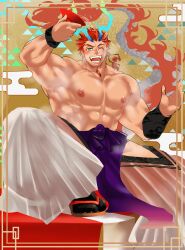 Rule 34 | 1boy, absurdres, antlers, bara, blush, bulge, chinese zodiac, cup, dragon boy, dragon horns, dragon tail, facial hair, fire, full body, glowing horns, green eyes, hakama, hakama skirt, highres, hip vent, holding, holding cup, horns, japanese clothes, large horns, large pectorals, long sideburns, looking at viewer, male focus, mikeura (public yamiichi), monster boy, muscular, muscular male, new year, nipples, original, pectorals, pouring, pouring onto self, pyrokinesis, red hair, sakazuki, short hair, sideburns, sideburns stubble, skirt, solo, spread legs, squatting, steaming body, stubble, tail, thick eyebrows, year of the dragon