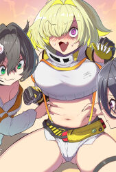 Rule 34 | 3girls, :3, black hair, blonde hair, blush, breasts, brown hair, closed mouth, clothing cutout, cropped jacket, elegg (nikke), exia (nikke), fang, goddess of victory: nikke, hair between eyes, hair over one eye, highres, jacket, large breasts, multicolored hair, multiple girls, navel, open mouth, plump, purple eyes, short hair, short shorts, shorts, shoulder cutout, sitting, smile, stomach bulge grab, sweat, syope, trony (nikke), white jacket