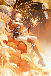 Rule 34 | 1girl, absurdres, artist name, bandaged arm, bandaged leg, bandages, black gloves, blonde hair, breasts, butterfly choker, chest sarashi, choker, cleavage, closed mouth, commentary request, fingerless gloves, fireworks, full body, genshin impact, gloves, hadanugi dousa, hands up, highres, holding fireworks, japanese clothes, kimono, long hair, medium breasts, naixi cc, obi, open clothes, open kimono, orange eyes, orange kimono, red choker, sarashi, sash, single fingerless glove, smile, solo, sparkler, vision (genshin impact), yoimiya (genshin impact)