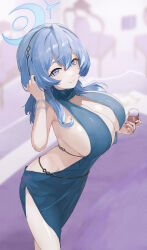 Rule 34 | 1girl, absurdres, ako (blue archive), ako (dress) (blue archive), backless dress, backless outfit, blue archive, blue dress, blue eyes, blue hair, blue halo, bracelet, breasts, cleavage, closed mouth, cup, dress, drinking glass, fish (red star child), hairband, halo, highres, holding, holding cup, jewelry, large breasts, looking at viewer, medium hair, mixed-language commentary, sleeveless, sleeveless dress, smile, solo