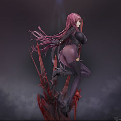 Rule 34 | 1girl, 3d, armored boots, ass, bodysuit, boots, breasts, covered erect nipples, fate/grand order, fate (series), gae bolg (fate), high heel boots, high heels, highres, large breasts, leslyzerosix, long hair, purple hair, red eyes, scathach (fate), solo