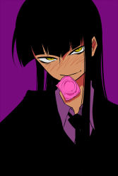 Rule 34 | 1girl, black hair, blush, condom, condom in mouth, condom wrapper, female protagonist (houkago play), flat color, houkago play, long hair, looking at viewer, mouth hold, necktie, solo, yellow eyes, yinai way