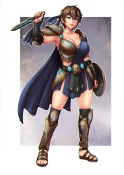 Rule 34 | 1girl, armor, blue eyes, blue headband, breasts, brown hair, cape, cleavage, clenched hand, commentary, commission, english commentary, erkaz, full body, gladiator, gladiator sandals, headband, highres, holding, holding knife, holding shield, knife, large breasts, looking at viewer, original, parted lips, sandals, shield, short hair, smile, smirk, solo, standing