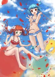 Rule 34 | 2girls, :d, barefoot, bikini, blue hair, bottle, breasts, brown eyes, cleavage, flip-flops, green eyes, long hair, medium breasts, multiple girls, mushiboy, navel, open mouth, original, red hair, sandal off, sandals, unworn sandals, shoes, unworn shoes, short hair, small breasts, smile, stick, swimsuit, twintails, v