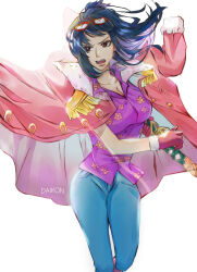 Rule 34 | 1girl, absurdres, blue hair, coat, collared shirt, commentary request, cowboy shot, daikon illustrations, denim, epaulettes, eyewear on head, floating clothes, floral print, gloves, highres, holding, holding sword, holding weapon, jeans, long coat, long hair, looking to the side, one piece, open mouth, pants, pink coat, pink footwear, pink gloves, purple eyes, purple shirt, shirt, simple background, solo, sword, tashigi, weapon, white background