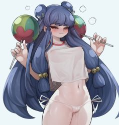 Rule 34 | 1girl, :3, absurdres, bell, big hair, blue hair, blush, bow, breasts, cameltoe, chui, covered erect nipples, cowboy shot, double bun, dual wielding, eyeshadow, hair bell, hair bow, hair bun, hair ornament, half-closed eyes, highres, holding, jingle bell, long hair, makeup, medium breasts, micro panties, midriff, navel, pale skin, panties, perky breasts, pussy juice, rabbit (wlsdnjs950), ranma 1/2, see-through, shampoo (ranma 1/2), shirt, side-tie panties, solo, standing, t-shirt, thick thighs, thighs, underwear, very long hair, wet, wet clothes, wet panties, white background