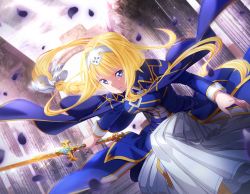 Rule 34 | 1girl, alice zuberg, blonde hair, blue dress, blue eyes, bow, braid, braided ponytail, breasts, closed mouth, dress, floating hair, game cg, hair bow, hairband, holding, holding sword, holding weapon, long hair, long skirt, medium breasts, on one knee, osmanthus blade, outdoors, pleated skirt, ponytail, sidelocks, skirt, skirt under dress, solo, sword, sword art online, very long hair, weapon, white bow, white hairband, white skirt