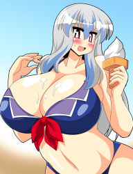 Rule 34 | 1girl, adapted costume, akasode (tyaramu), bikini, blue hair, blush, breasts, cleavage, food, food on body, highres, huge breasts, ice cream, ice cream cone, kamishirasawa keine, long hair, looking at viewer, multicolored hair, navel, open mouth, red eyes, silver hair, smile, soft serve, solo, suggestive fluid, swimsuit, touhou, two-tone hair